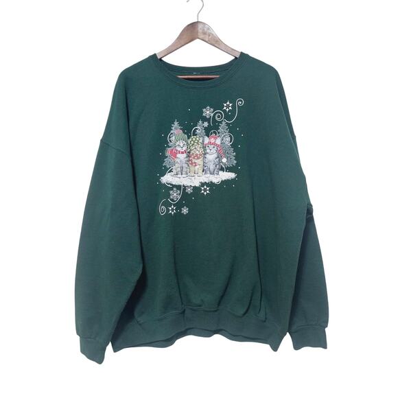 Cat Sweatshirt Womens Plus Size 3XL Crew Kitten Winter Scenery Green Casual Cozy - Picture 1 of 5